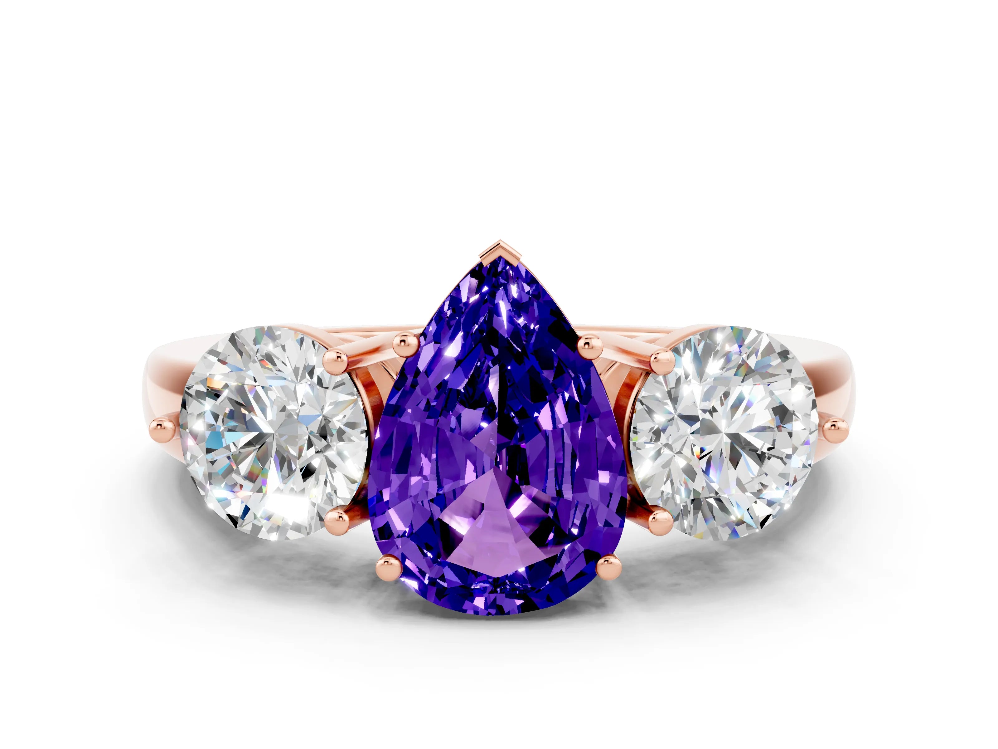 Rose gold Pear Cut Tanzanite Three-Stone Ring with Prong Setting and Classic Band