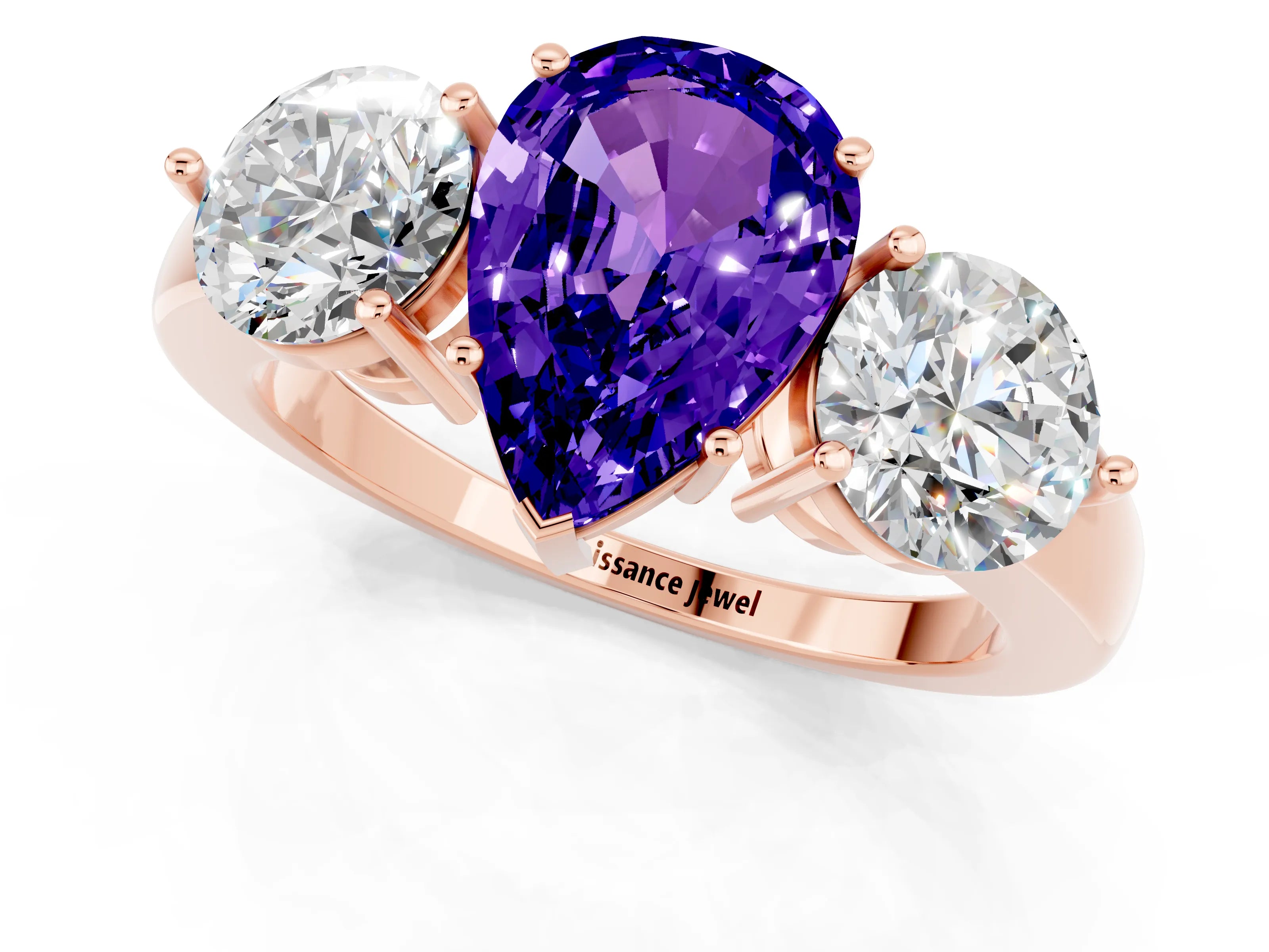 Rose gold Pear Cut Tanzanite Three-Stone Ring with Prong Setting and Classic Band_1