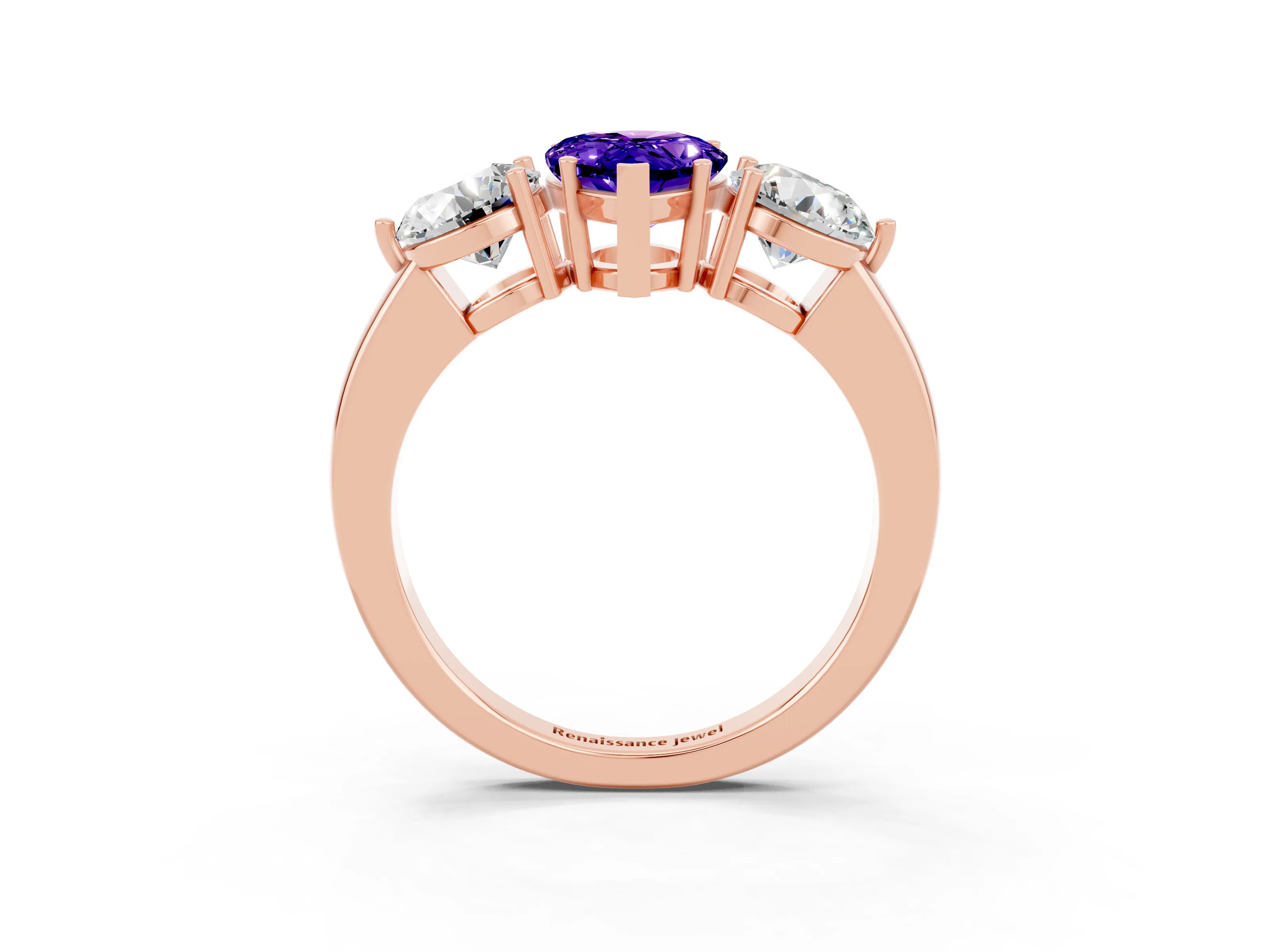 Rose gold Pear Cut Tanzanite Three-Stone Ring with Prong Setting and Classic Band_3