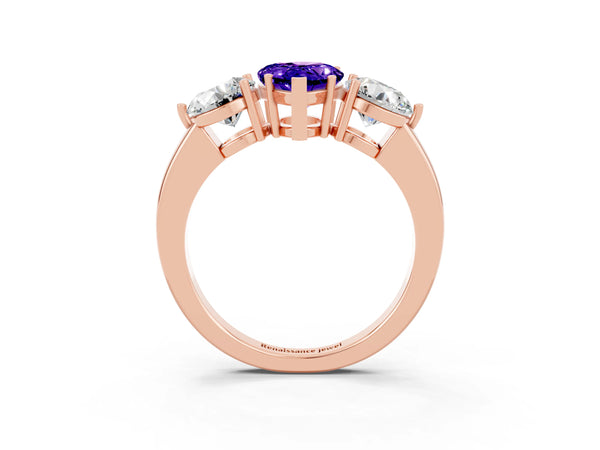 Rose gold Pear Cut Tanzanite Three-Stone Ring with Prong Setting and Classic Band