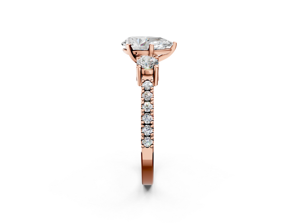 Rose Gold Pear-Shaped Three Stone Engagement Ring Setting with Round Side Stones and Pave Band