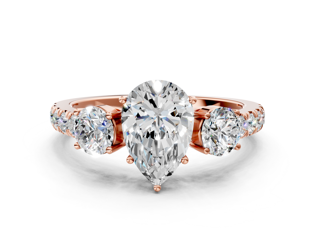 Rose gold Pear Cut Three-Stone Diamond Pave Band with Prong Setting_85