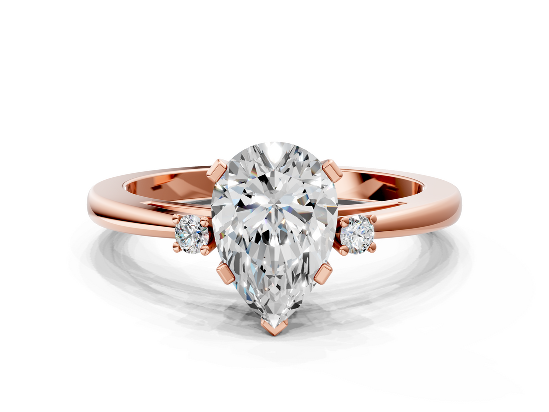 Rose gold Pear Cut Three-Stone Solitaire Ring with Round Accent Diamonds and Four-Prong Setting_33