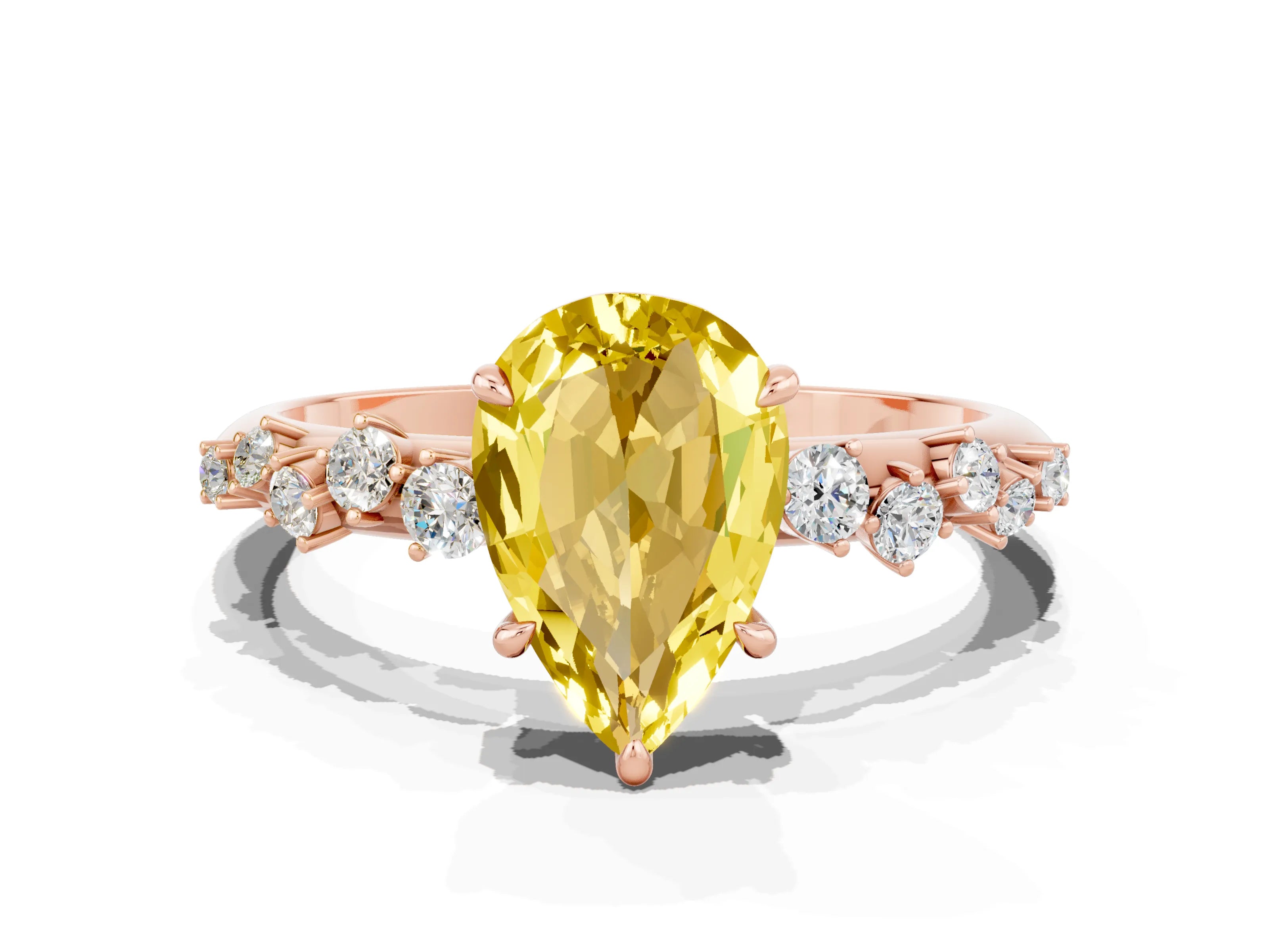 Rose gold Pear Cut Yellow Sapphire Cluster Side Stone Solitaire Ring with Prong Setting_48