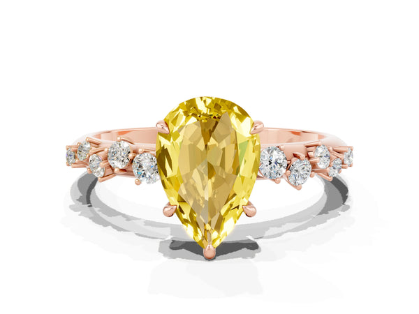 Rose gold Pear Cut Yellow Sapphire Cluster Side Stone Solitaire Ring with Prong Setting