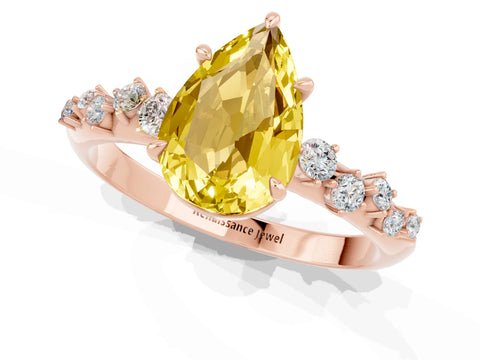 Rose gold Pear Cut Yellow Sapphire Cluster Side Stone Solitaire Ring with Prong Setting_49