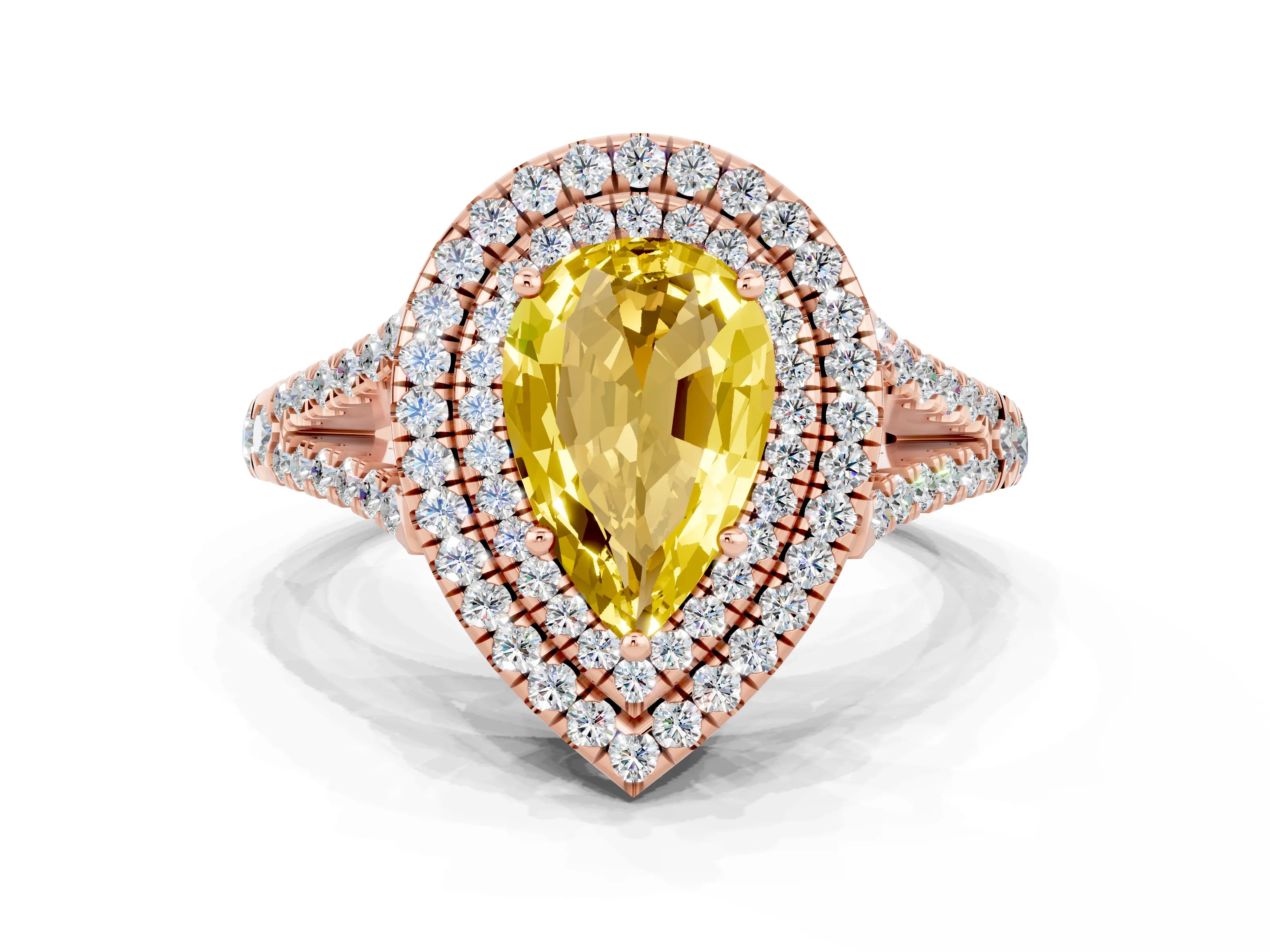 Rose gold Pear Cut Yellow Sapphire Double Halo Ring with Pavé Band and Prong Setting_12