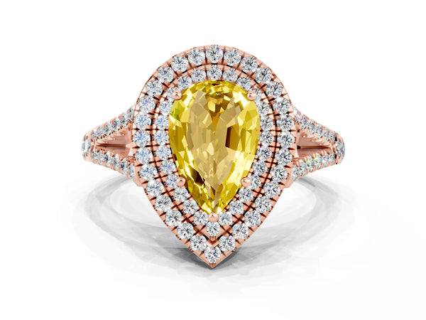 Rose gold Pear Cut Yellow Sapphire Double Halo Ring with Pavé Band and Prong Setting