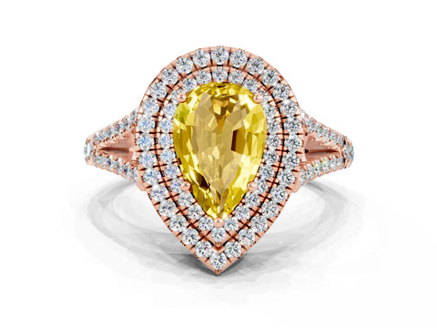 Rose gold Pear Cut Yellow Sapphire Double Halo Ring with Pavé Band and Prong Setting_12