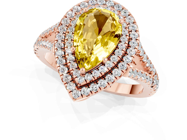Rose gold Pear Cut Yellow Sapphire Double Halo Ring with Pavé Band and Prong Setting