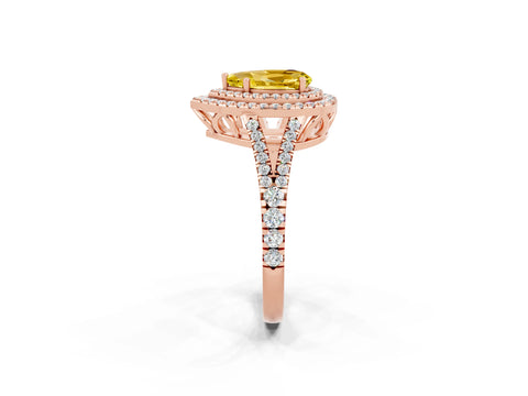 Rose gold Pear Cut Yellow Sapphire Double Halo Ring with Pavé Band and Prong Setting_14