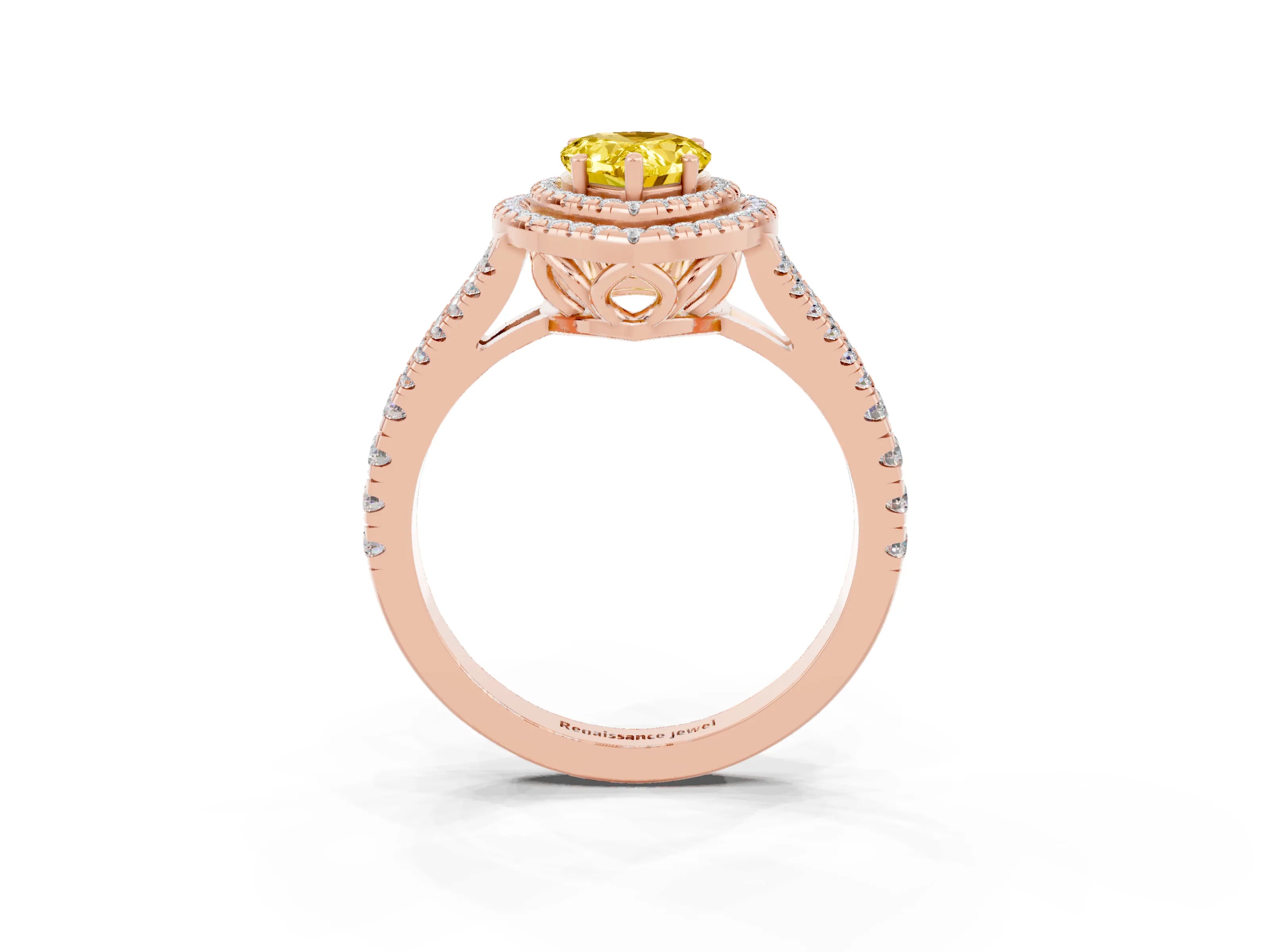 Rose gold Pear Cut Yellow Sapphire Double Halo Ring with Pavé Band and Prong Setting_15