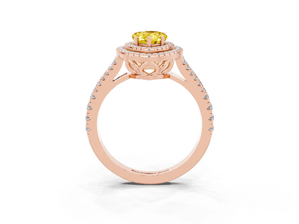 Rose gold Pear Cut Yellow Sapphire Double Halo Ring with Pavé Band and Prong Setting