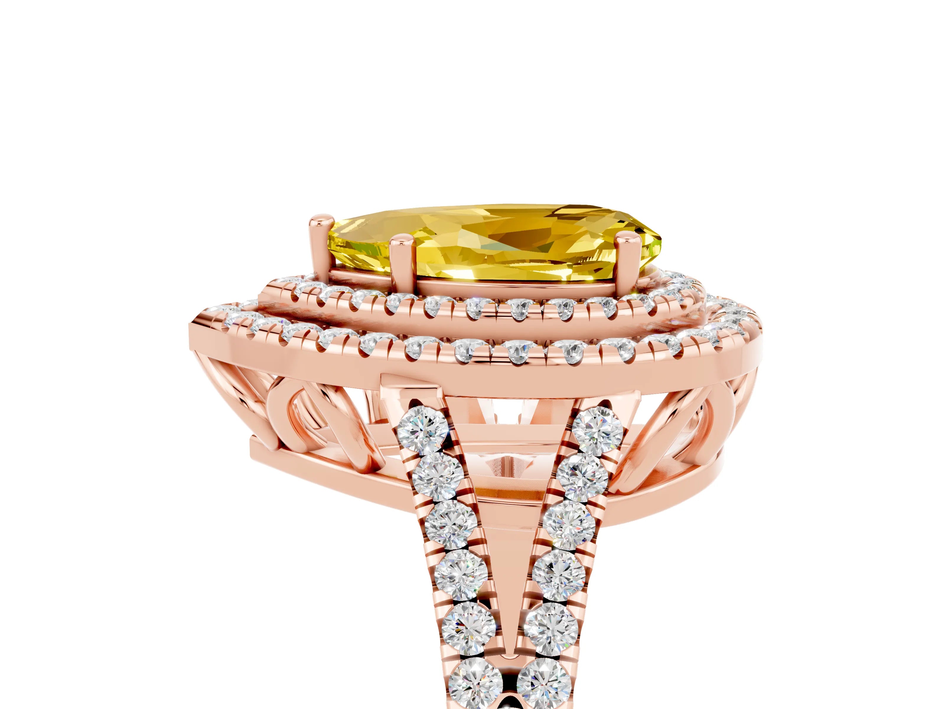 Rose gold Pear Cut Yellow Sapphire Double Halo Ring with Pavé Band and Prong Setting_17