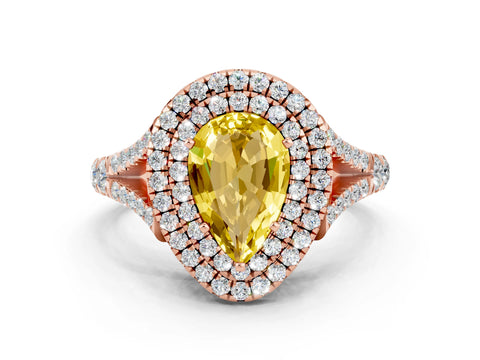 Rose gold Pear Cut Yellow Sapphire Double Halo Ring with Split Shank and Prong Setting_12
