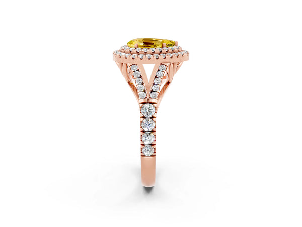 Rose gold Pear Cut Yellow Sapphire Double Halo Ring with Split Shank and Prong Setting