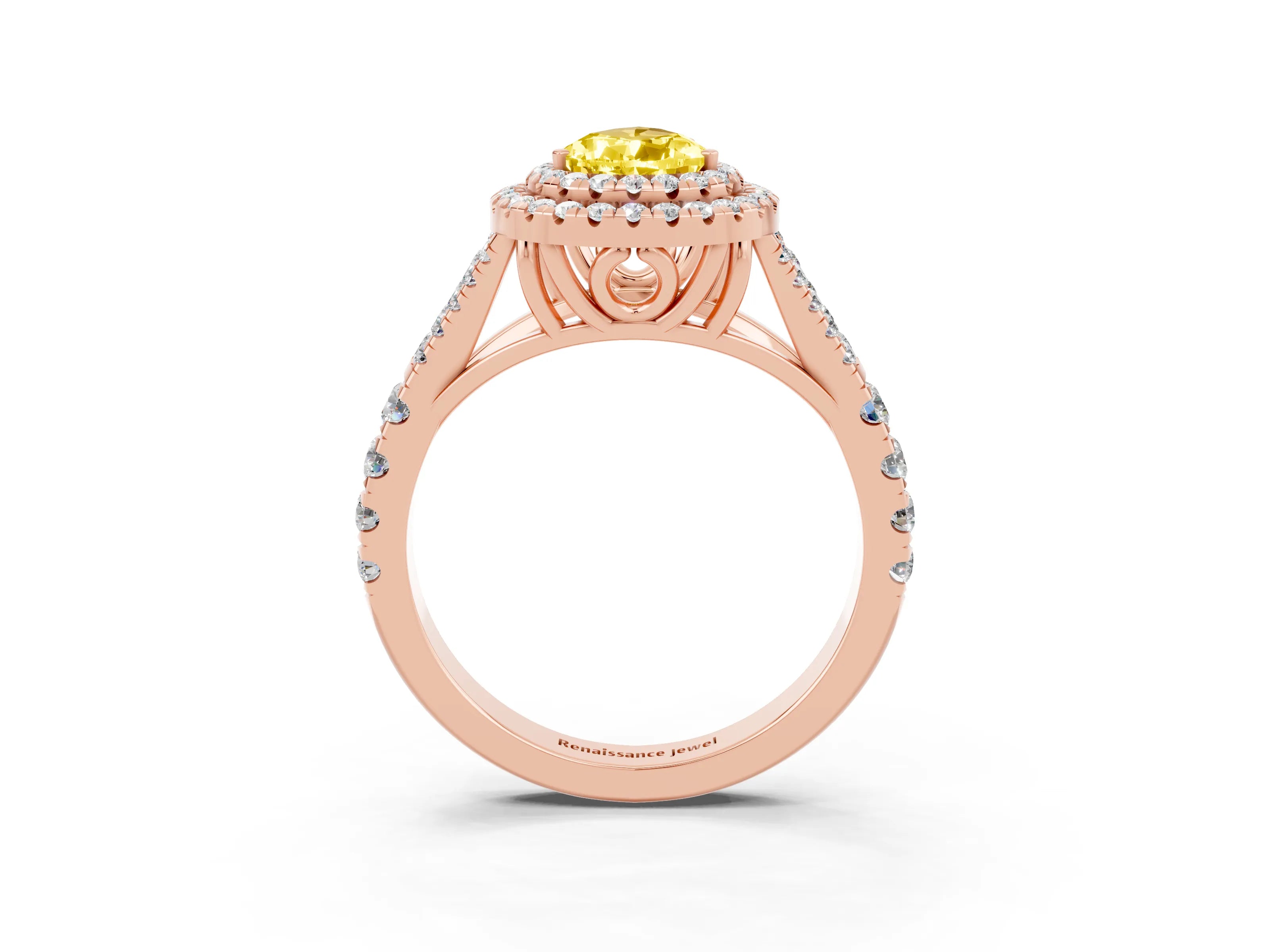 Rose gold Pear Cut Yellow Sapphire Double Halo Ring with Split Shank and Prong Setting_15