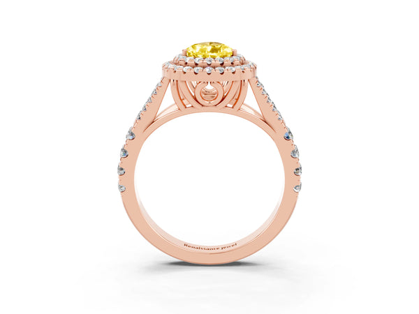 Rose gold Pear Cut Yellow Sapphire Double Halo Ring with Split Shank and Prong Setting