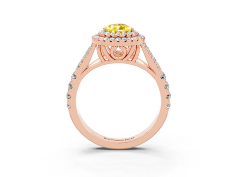 Rose gold Pear Cut Yellow Sapphire Double Halo Ring with Split Shank and Prong Setting_15