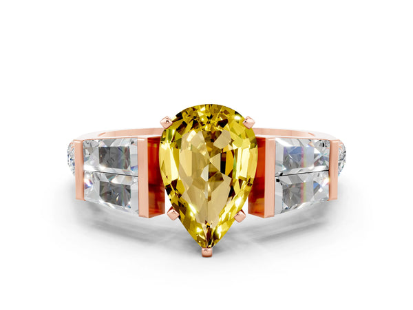 Rose gold Pear Cut Yellow Sapphire Engagement Ring with Baguette Side Stones and Channel Set Band