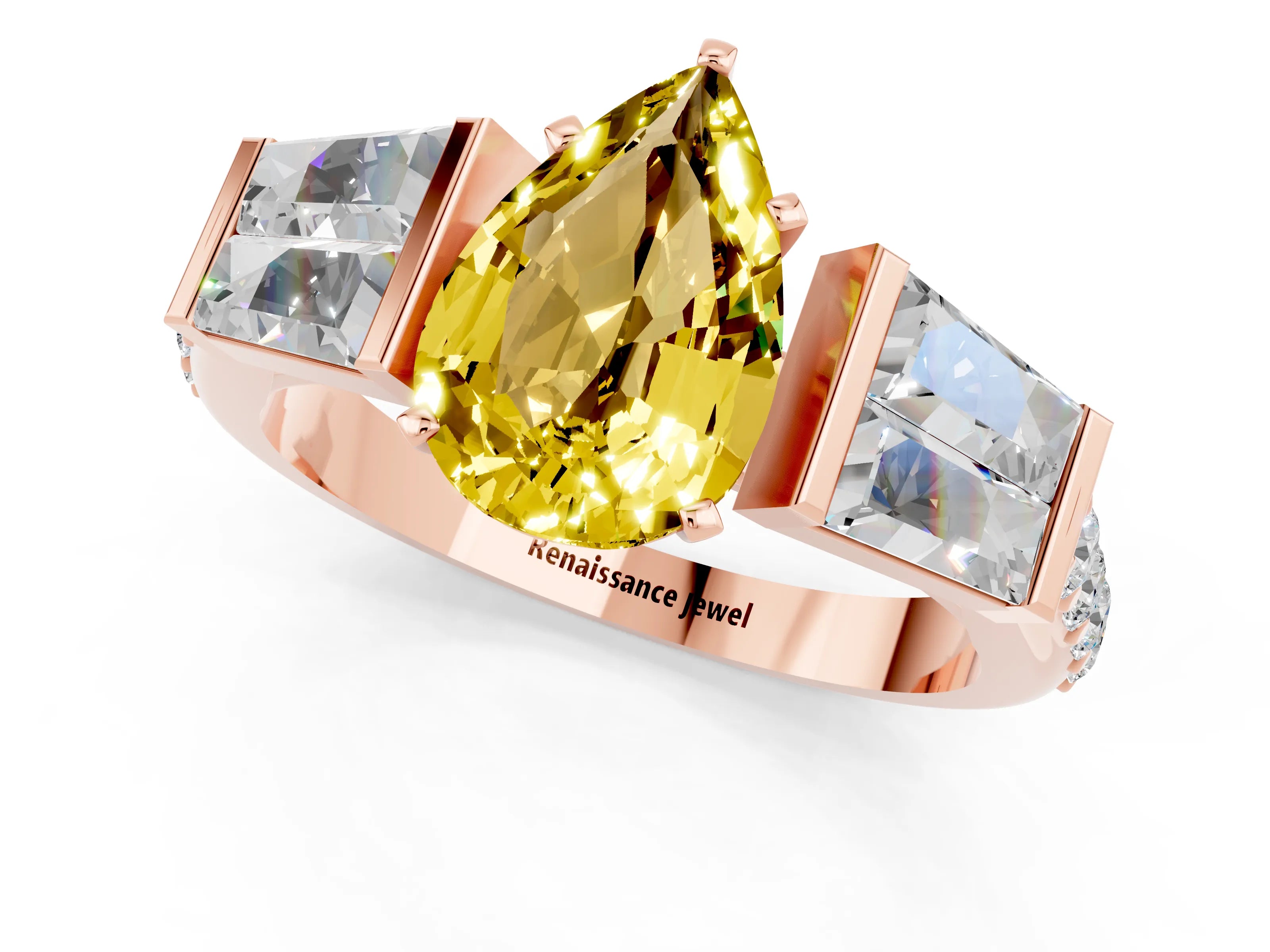 Rose gold Pear Cut Yellow Sapphire Engagement Ring with Baguette Side Stones and Channel Set Band_1