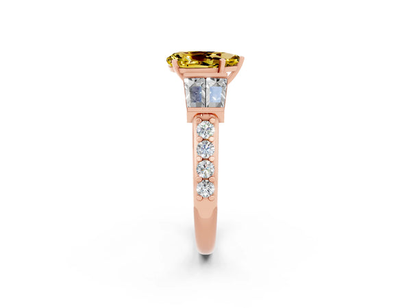 Rose gold Pear Cut Yellow Sapphire Engagement Ring with Baguette Side Stones and Channel Set Band
