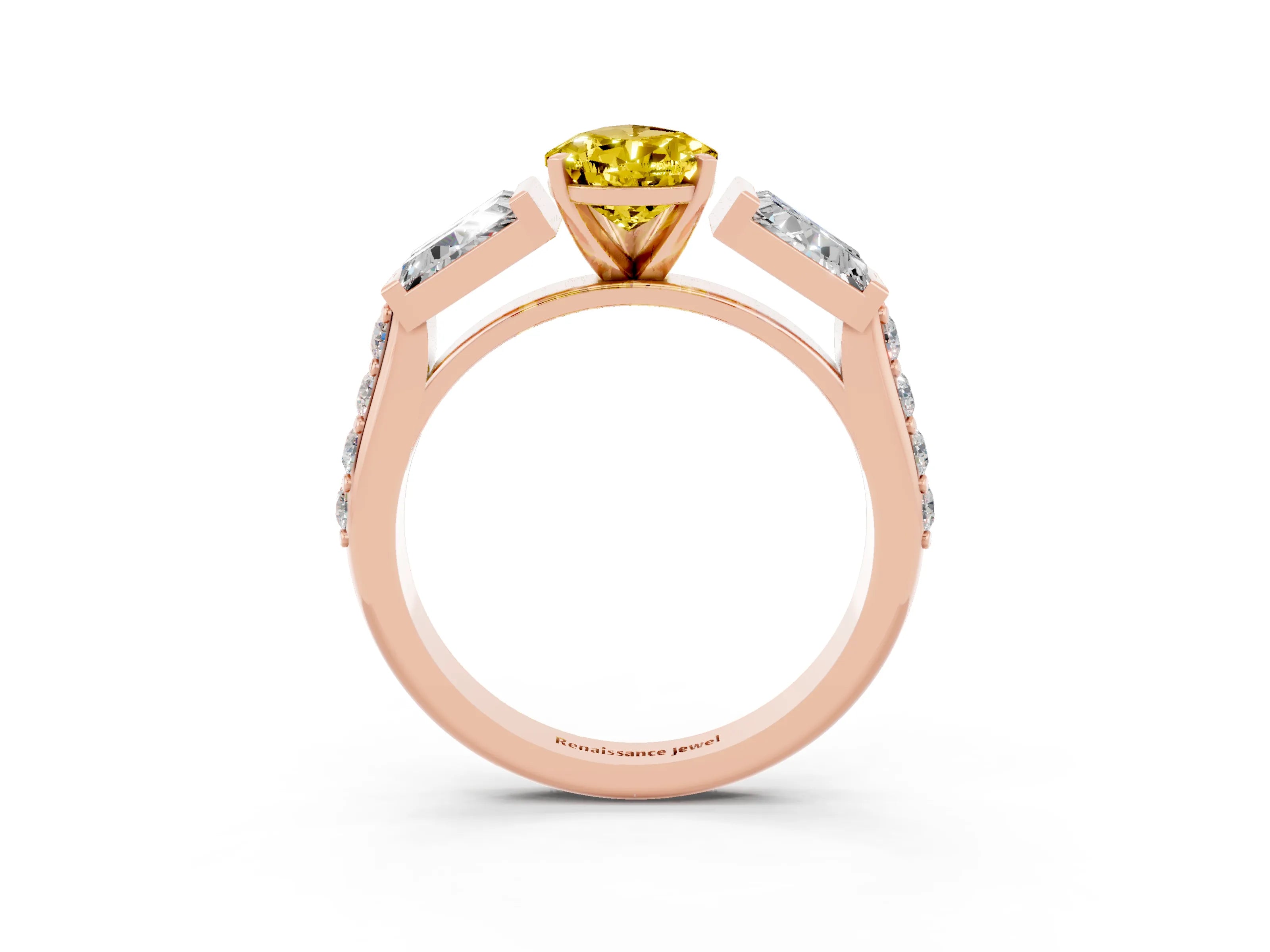 Rose gold Pear Cut Yellow Sapphire Engagement Ring with Baguette Side Stones and Channel Set Band_3