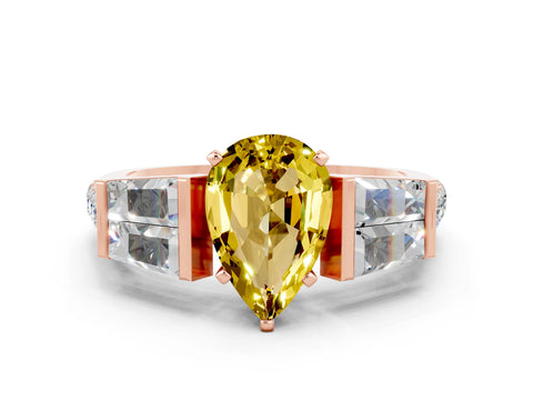 Rose gold Pear Cut Yellow Sapphire Engagement Ring with Baguette Side Stones and Channel Set Band