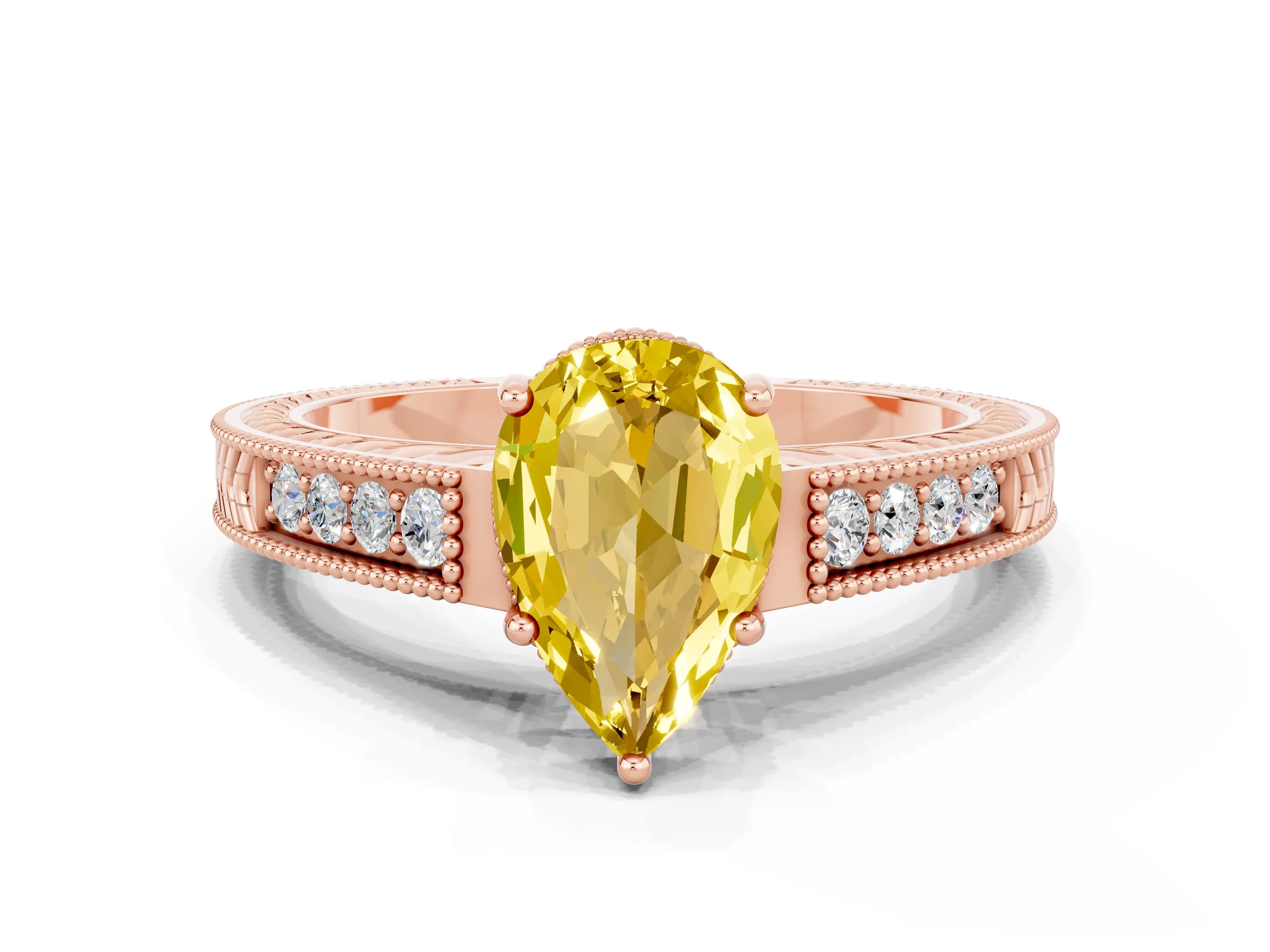 Rose gold Pear Cut Yellow Sapphire Engagement Ring with Milgrain Channel Set Band and Prong Setting_24