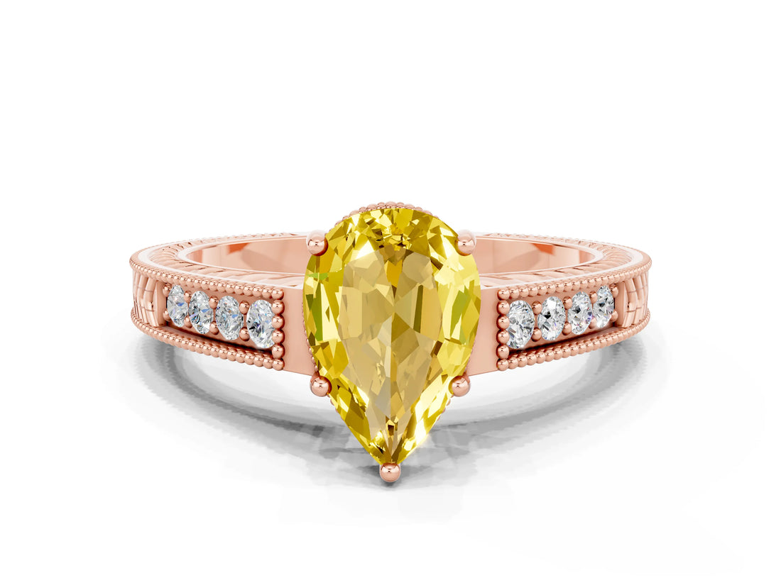 Rose gold Pear Cut Yellow Sapphire Engagement Ring with Milgrain Channel Set Band and Prong Setting_24