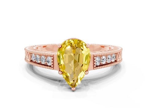 Rose gold Pear Cut Yellow Sapphire Engagement Ring with Milgrain Channel Set Band and Prong Setting_24