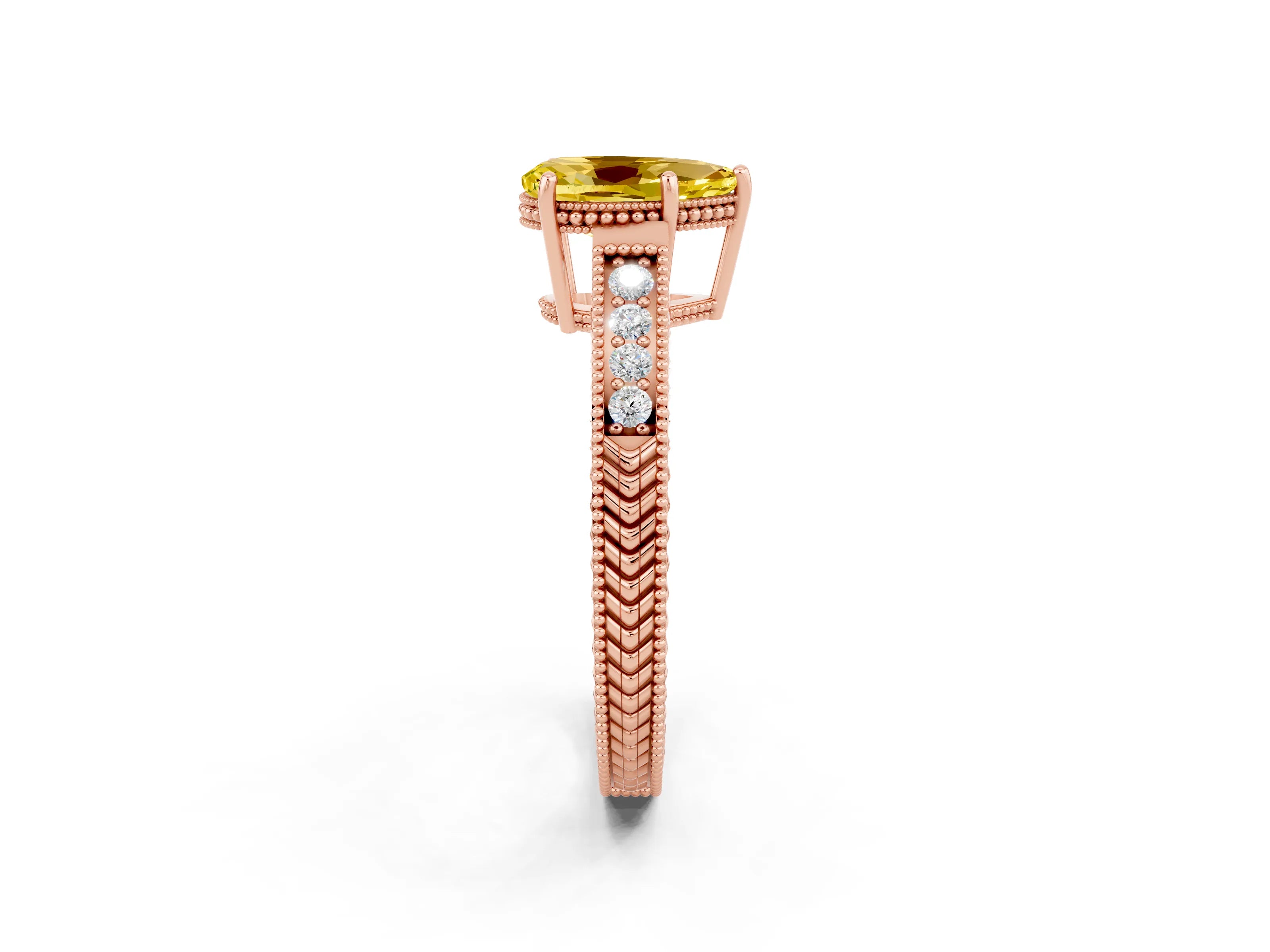 Rose gold Pear Cut Yellow Sapphire Engagement Ring with Milgrain Channel Set Band and Prong Setting_26