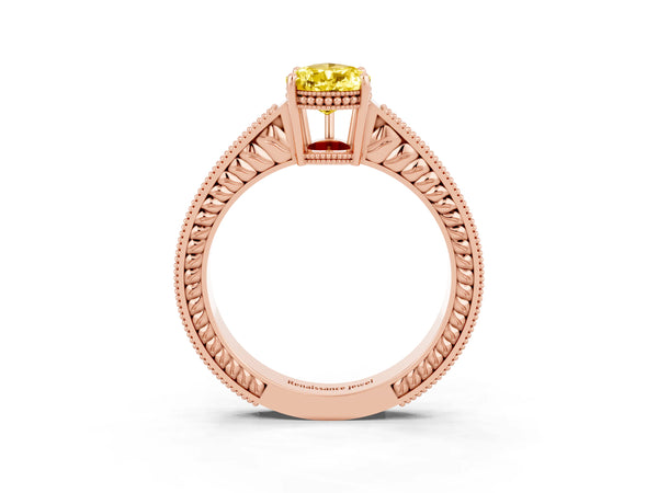 Rose gold Pear Cut Yellow Sapphire Engagement Ring with Milgrain Channel Set Band and Prong Setting