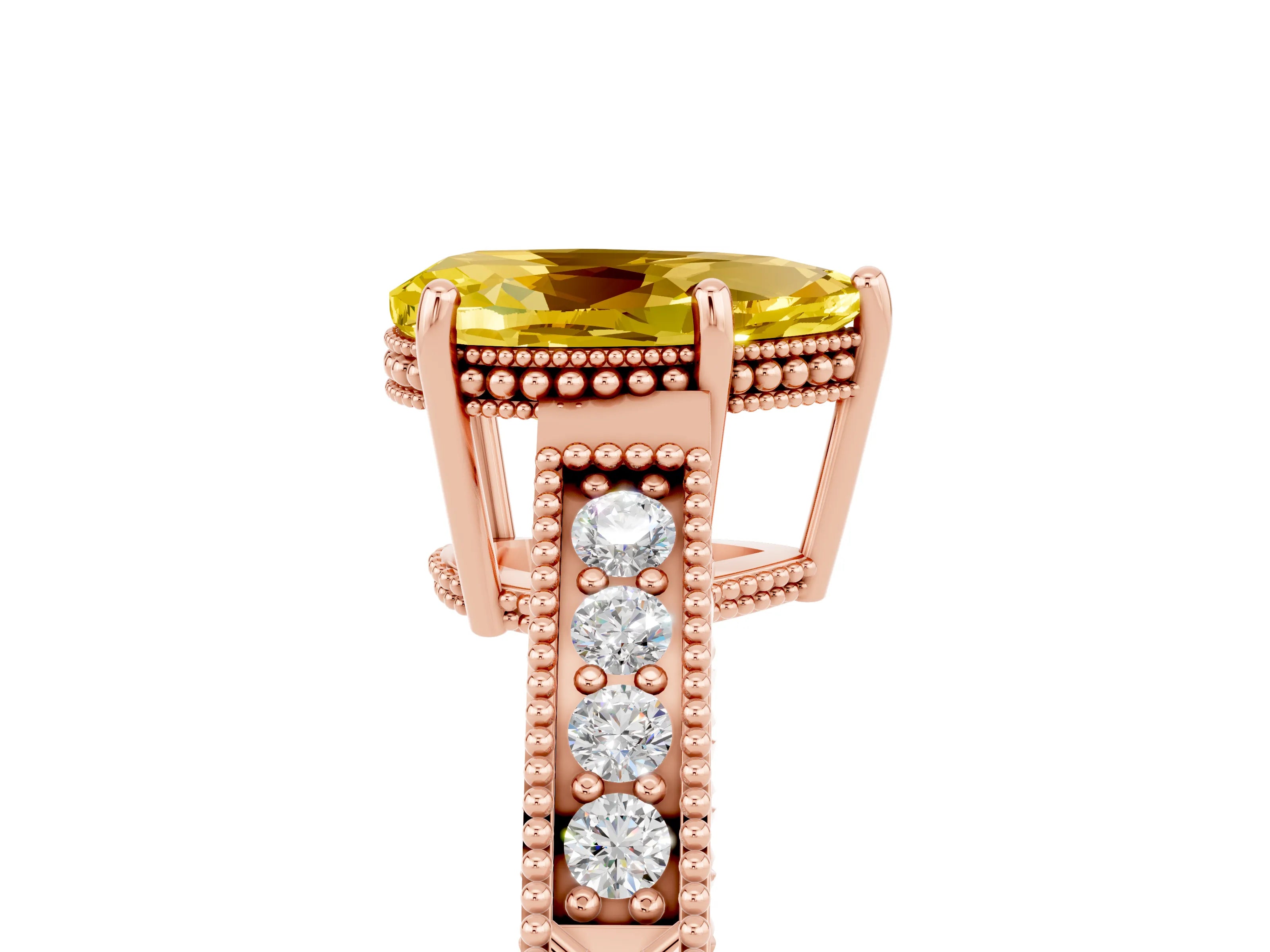 Rose gold Pear Cut Yellow Sapphire Engagement Ring with Milgrain Channel Set Band and Prong Setting_29