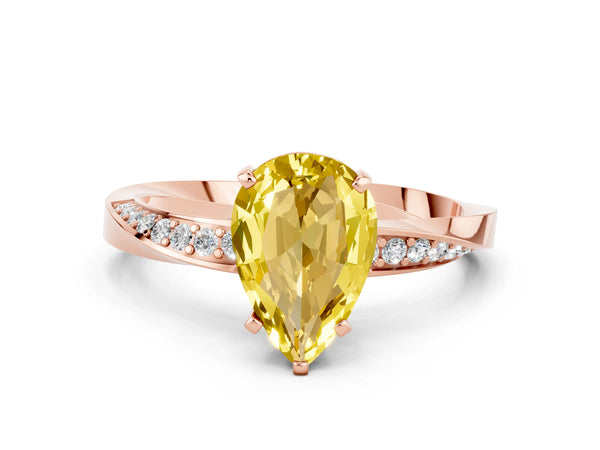Rose gold Pear Cut Yellow Sapphire Engagement Ring with Side Stone Accents and Four-Prong Setting