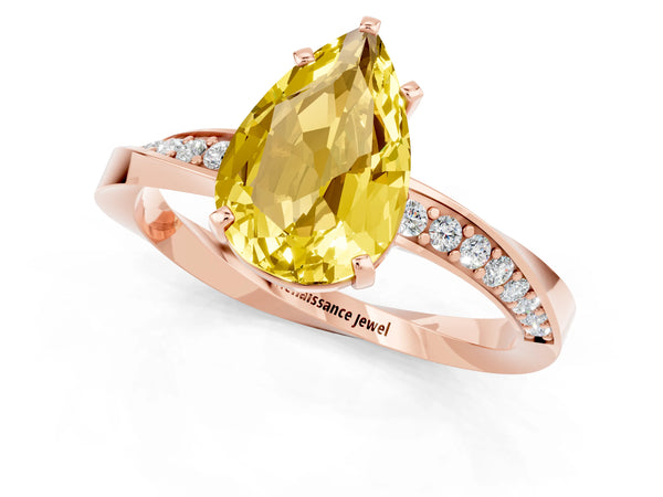 Rose gold Pear Cut Yellow Sapphire Engagement Ring with Side Stone Accents and Four-Prong Setting