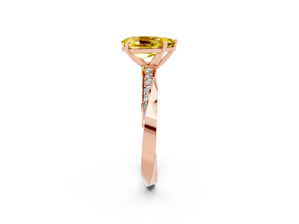 Rose gold Pear Cut Yellow Sapphire Engagement Ring with Side Stone Accents and Four-Prong Setting