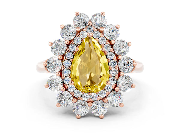 Rose gold Pear Cut Yellow Sapphire Floral Double Halo Engagement Ring with Prong Setting