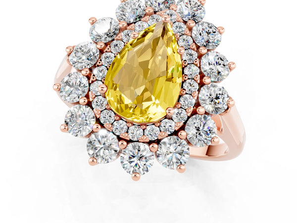 Rose gold Pear Cut Yellow Sapphire Floral Double Halo Engagement Ring with Prong Setting