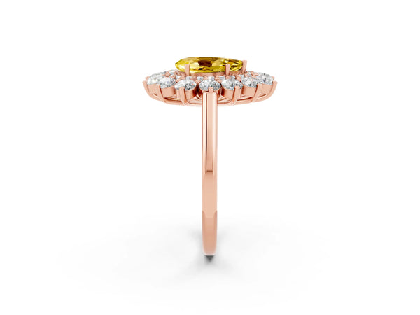 Rose gold Pear Cut Yellow Sapphire Floral Double Halo Engagement Ring with Prong Setting