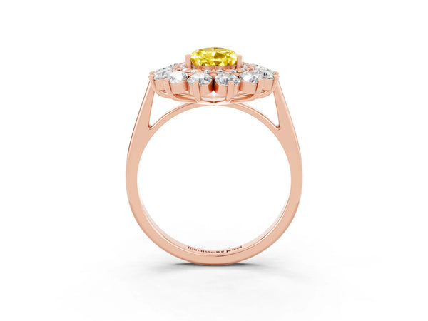 Rose gold Pear Cut Yellow Sapphire Floral Double Halo Engagement Ring with Prong Setting