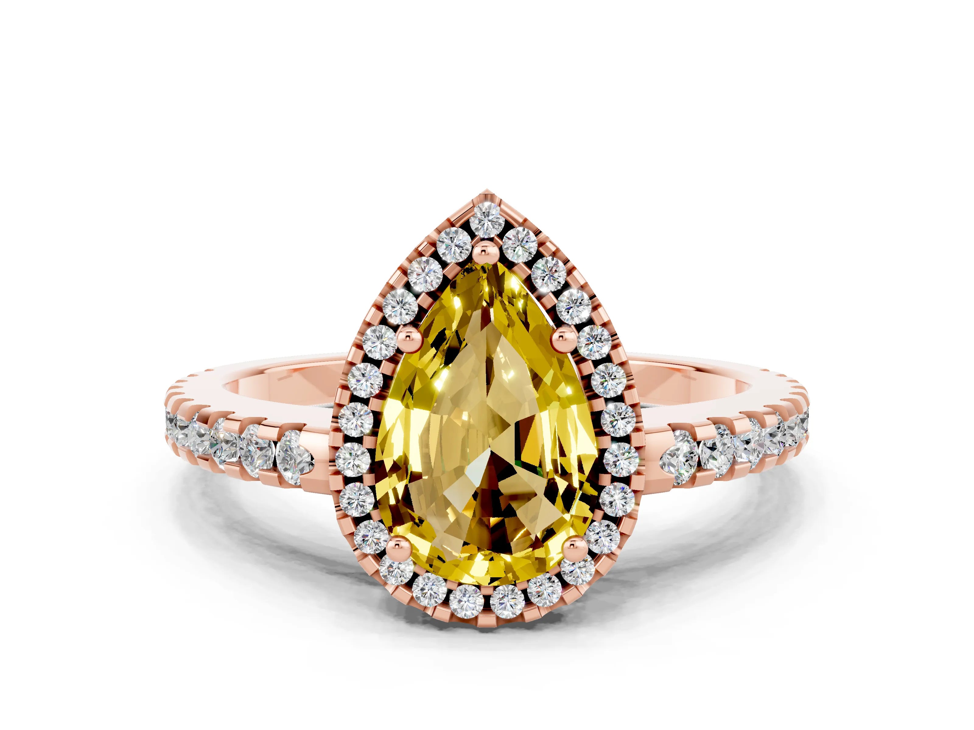 Rose gold Pear Cut Yellow Sapphire Halo Engagement Ring with Pavé Band and Prong Setting_12
