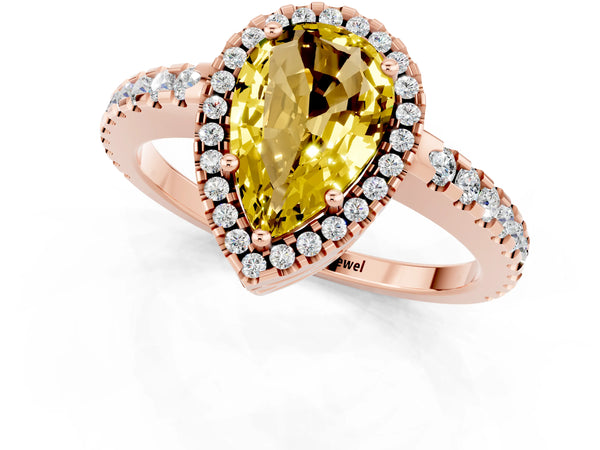 Rose gold Pear Cut Yellow Sapphire Halo Engagement Ring with Pavé Band and Prong Setting