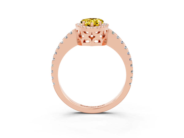 Rose gold Pear Cut Yellow Sapphire Halo Engagement Ring with Pavé Band and Prong Setting