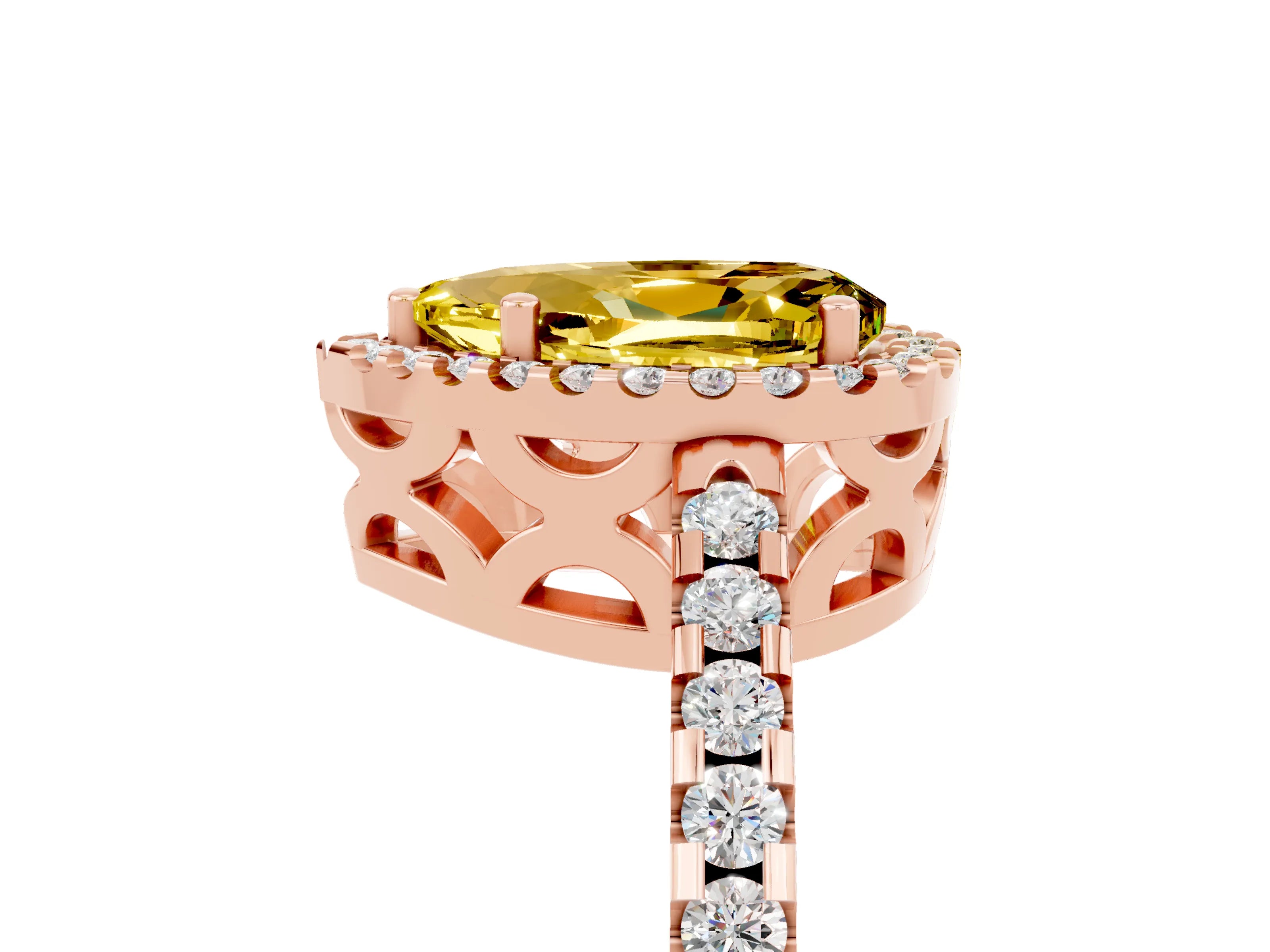 Rose gold Pear Cut Yellow Sapphire Halo Engagement Ring with Pavé Band and Prong Setting_17