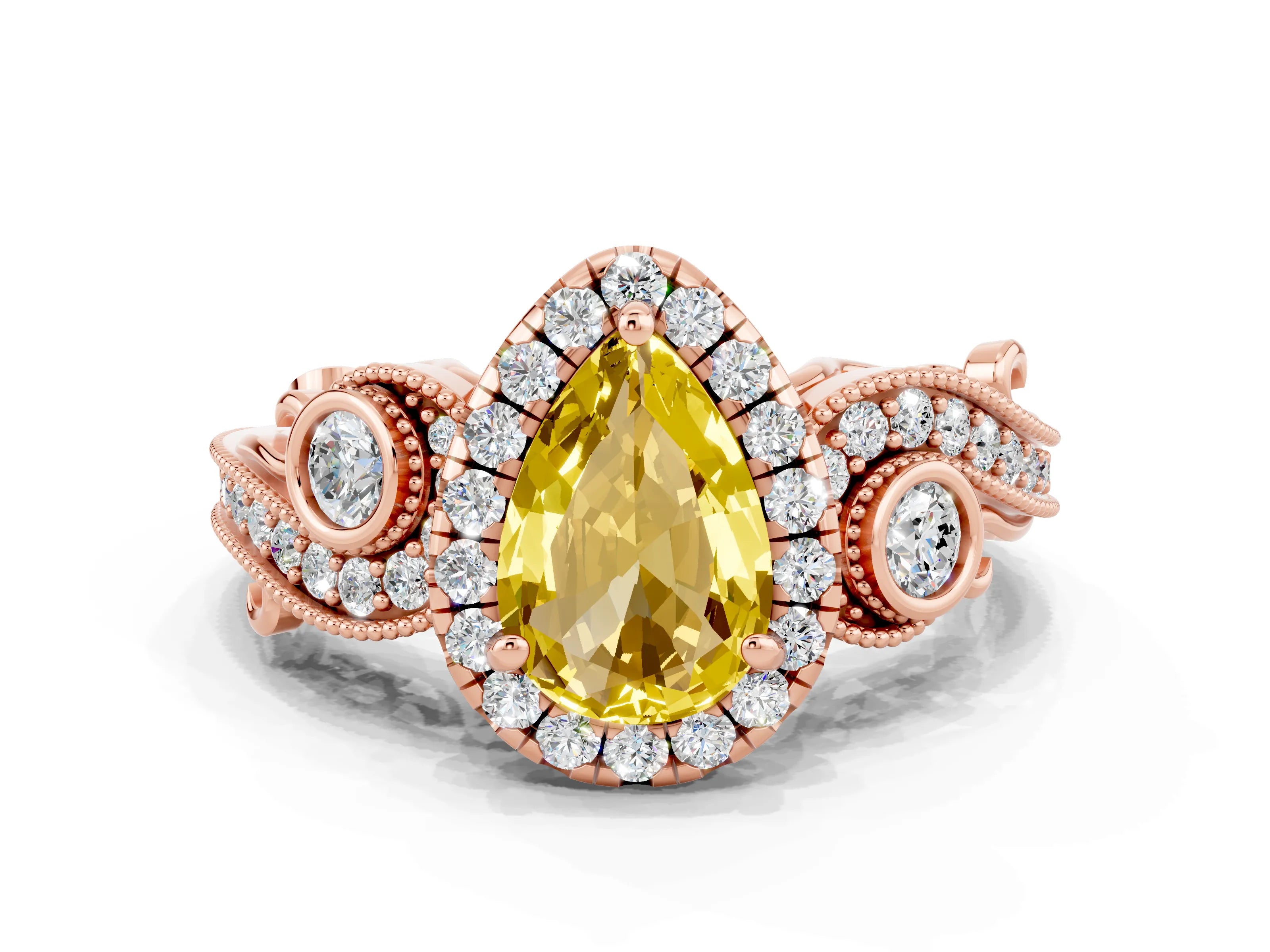 Rose gold Pear Cut Yellow Sapphire Halo Ring with Milgrain Pavé Band and Four-Prong Setting_12