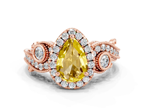 Rose gold Pear Cut Yellow Sapphire Halo Ring with Milgrain Pavé Band and Four-Prong Setting