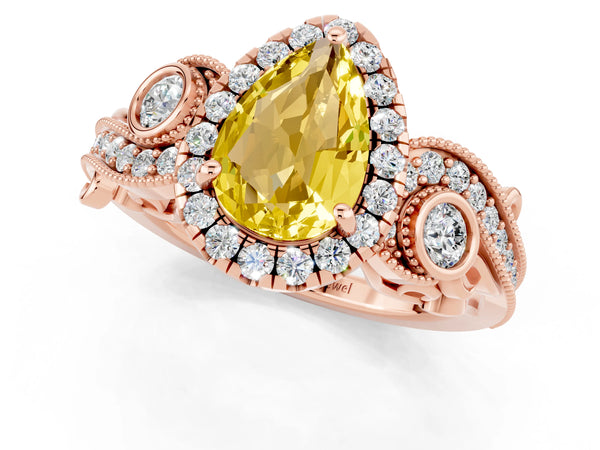 Rose gold Pear Cut Yellow Sapphire Halo Ring with Milgrain Pavé Band and Four-Prong Setting