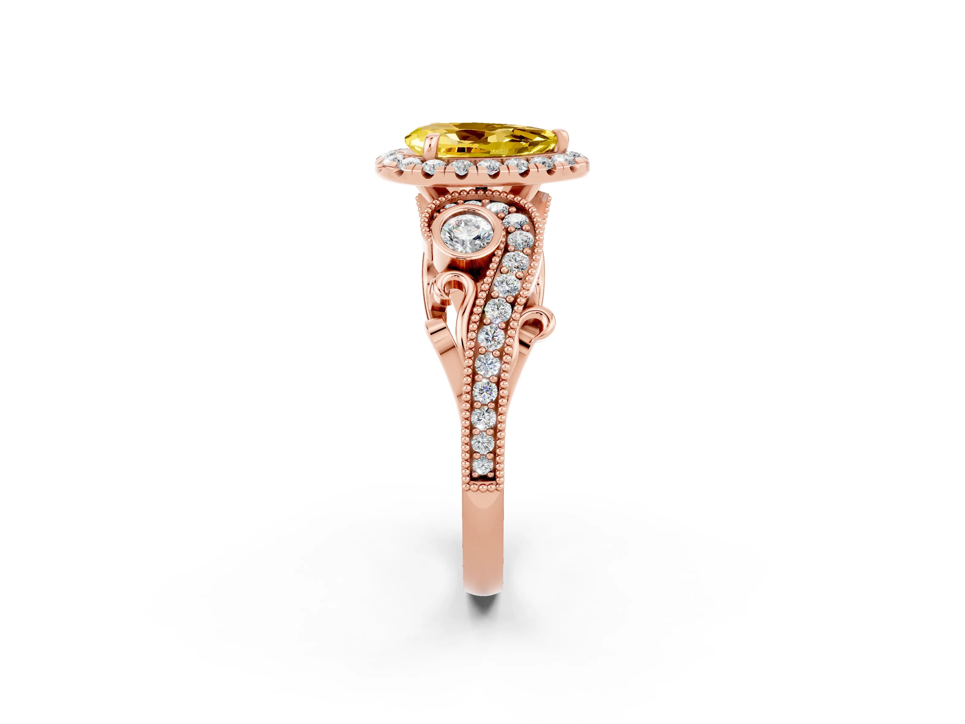 Rose gold Pear Cut Yellow Sapphire Halo Ring with Milgrain Pavé Band and Four-Prong Setting_14