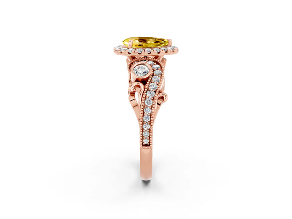 Rose gold Pear Cut Yellow Sapphire Halo Ring with Milgrain Pavé Band and Four-Prong Setting